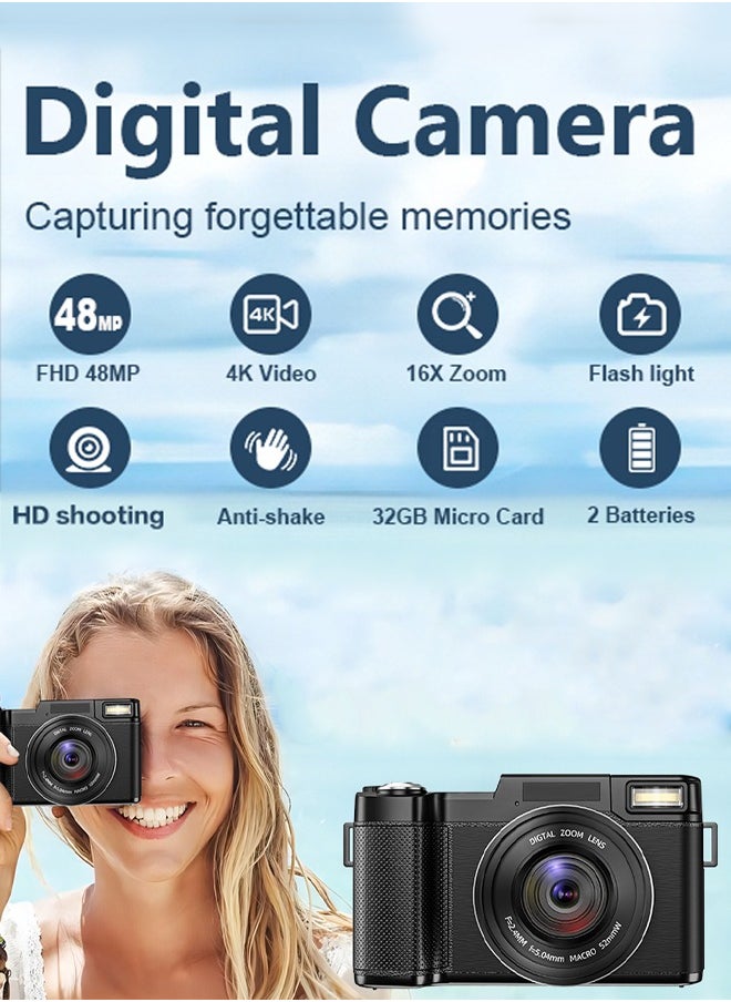 Generic - 4K HD Digital Camera, 48MP with 3-inch Flip Screen,16x Digital Zoom, with Wide-angle Lens, with 64GB Memory Card - Image 1