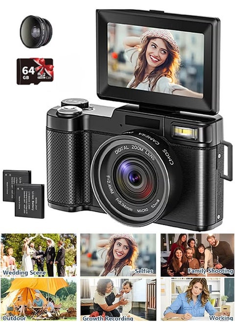 4K HD Digital Camera, 48MP with 3-inch Flip Screen,16x Digital Zoom, with Wide-angle Lens, with 64GB Memory Card