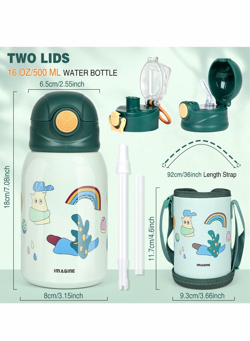 Generic 16oz Insulated Water Bottle for Kids with Straw and Two Lids, Durable Stainless Steel Flask with Cover and Strap - Image 2