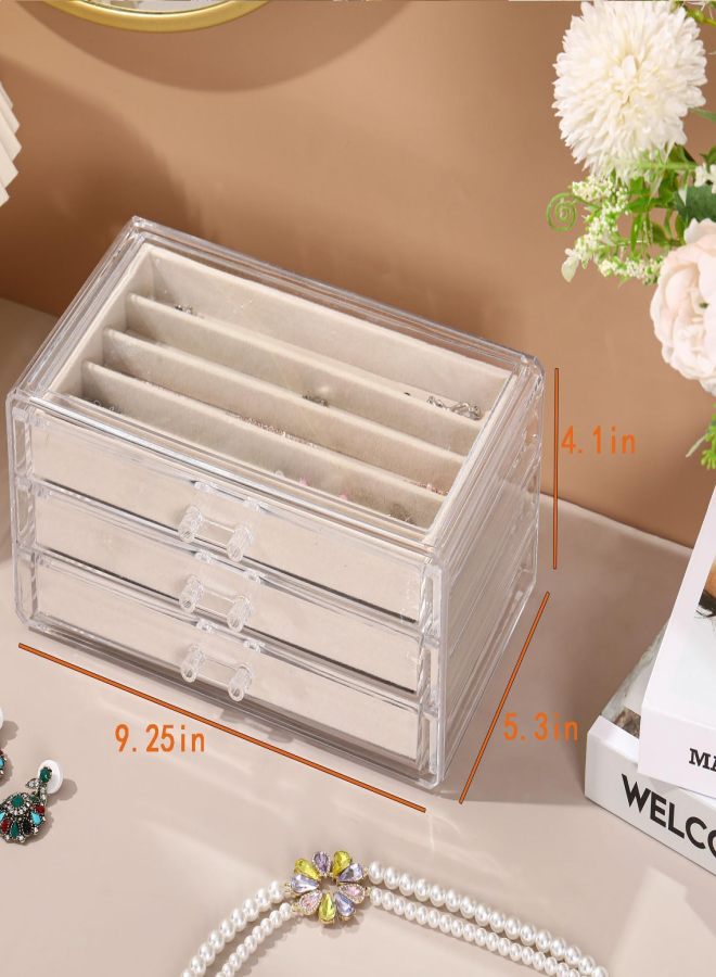 CLUQMEIK - Caja organizadora de collar con tapa transparente, soporte de terciopelo a prueba de polvo, vitrina de almacenamiento de acrílico apilable para mujeres y niñas (beige, 3 cajones) - Image 4
