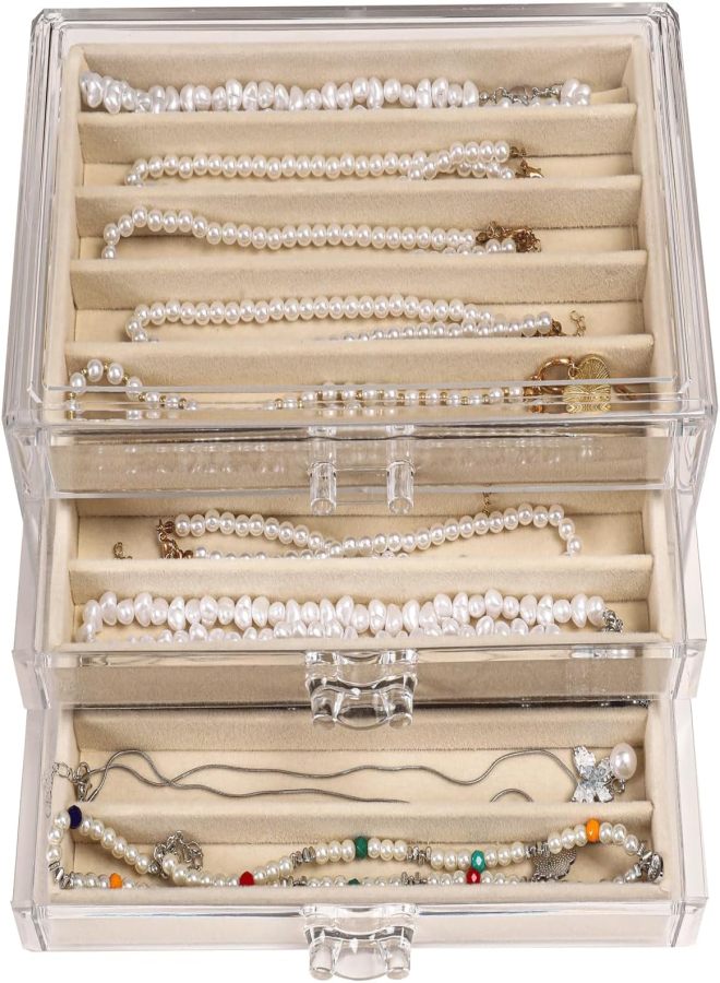 CLUQMEIK - Caja organizadora de collar con tapa transparente, soporte de terciopelo a prueba de polvo, vitrina de almacenamiento de acrílico apilable para mujeres y niñas (beige, 3 cajones) - Image 1