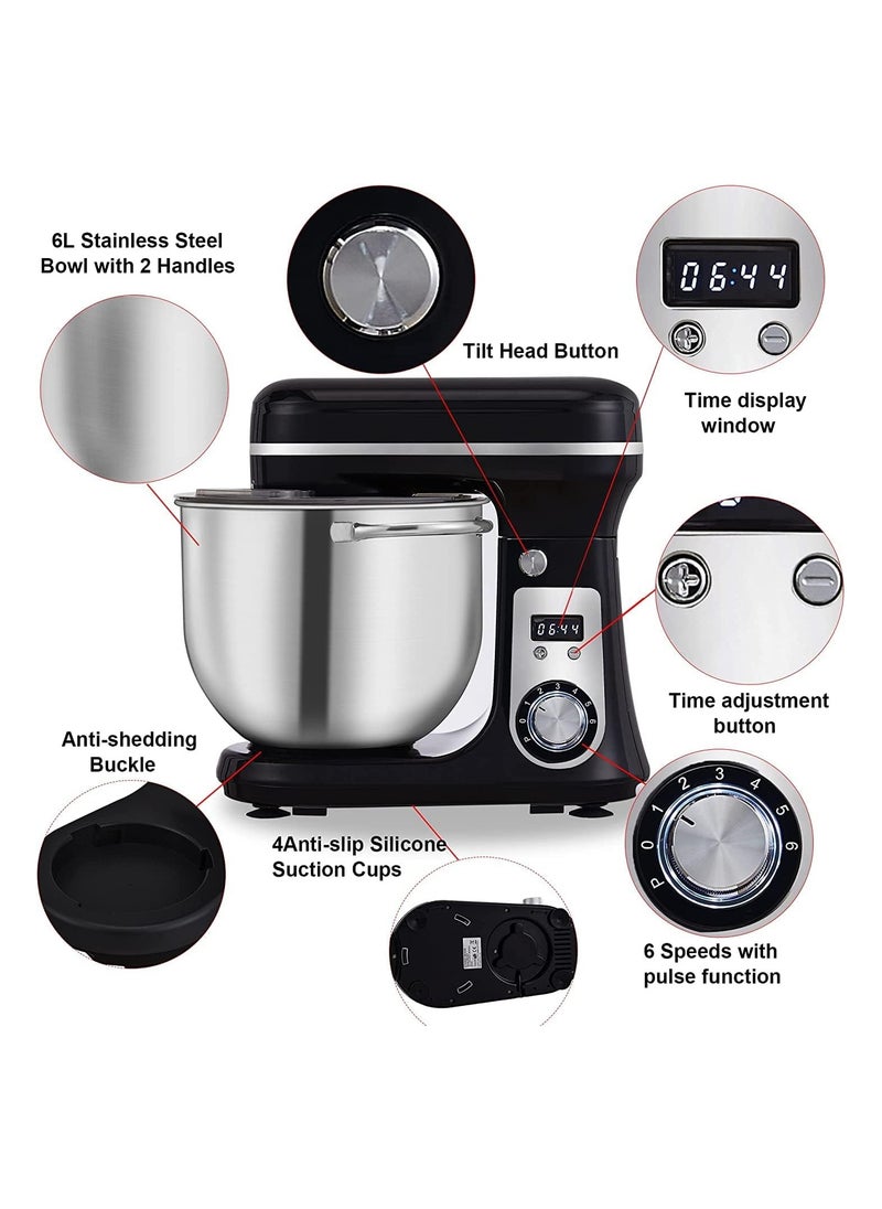 Biolomix - Biolomix Stand Mixer, Super Quiet 6L Kitchen Electric Stand Mixer, 6- Speed Dough Kneader Cake Bread Mixer with LCD Display Timer with Dough Hook, Beater, Whisk-Black - Image 1
