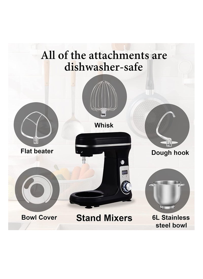Biolomix - Biolomix Stand Mixer, Super Quiet 6L Kitchen Electric Stand Mixer, 6- Speed Dough Kneader Cake Bread Mixer with LCD Display Timer with Dough Hook, Beater, Whisk-Black - Image 1
