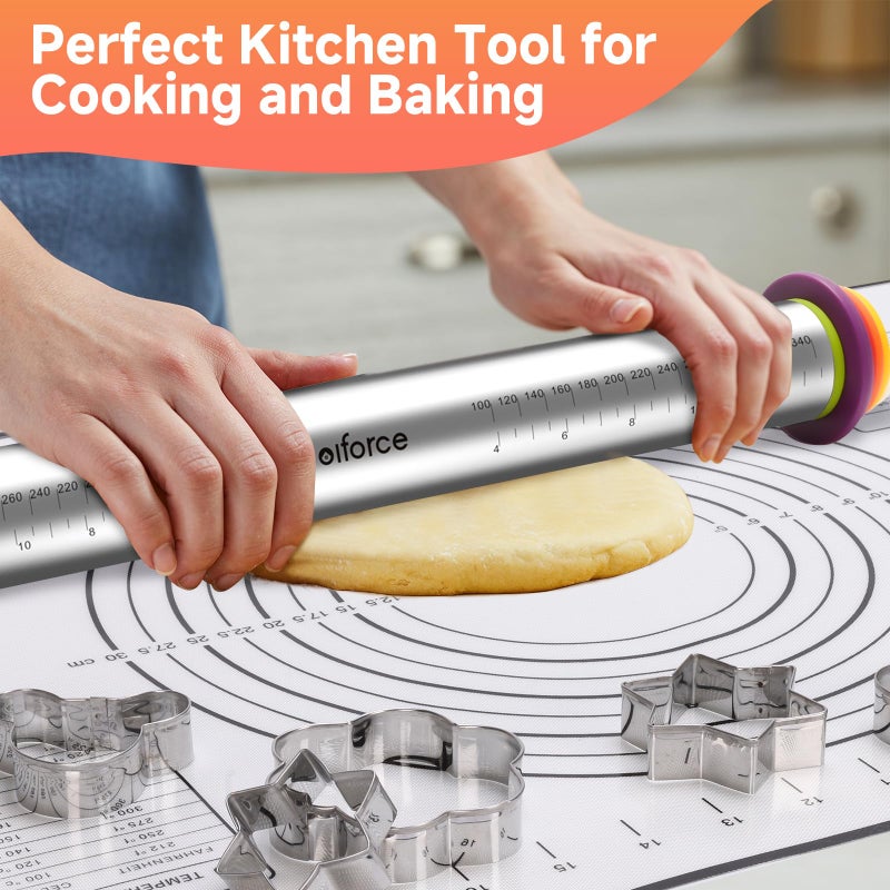 Olforce Wooden Rolling Pin with Thickness Rings and Pastry Baking Mat, Pizza, Cookie, Bread, Pie Crusts,Roller Rod for Dough Thickness, 13.6" with 4 Multicolored Thickness Rings&Cookie Molds - Image 2