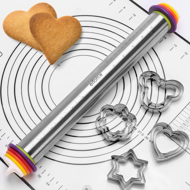 Olforce Wooden Rolling Pin with Thickness Rings and Pastry Baking Mat, Pizza, Cookie, Bread, Pie Crusts,Roller Rod for Dough Thickness, 13.6" with 4 Multicolored Thickness Rings&Cookie Molds - Image 1