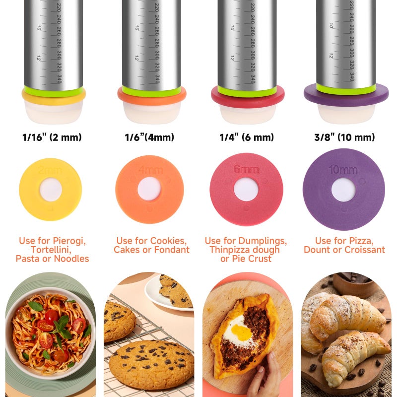 Olforce Wooden Rolling Pin with Thickness Rings and Pastry Baking Mat, Pizza, Cookie, Bread, Pie Crusts,Roller Rod for Dough Thickness, 13.6" with 4 Multicolored Thickness Rings&Cookie Molds - Image 4