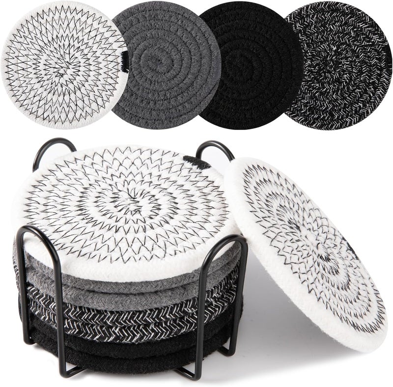 OIAHOMY 8 Pcs Coasters with Holder, Coasters for Drinks, Woven Cotton Absorbent Coaster Set for Kinds of Cups, Housewarming Gifts for Home Decor -Black - Image 1
