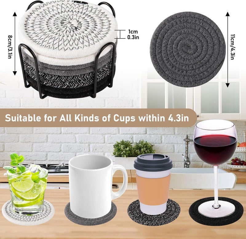 OIAHOMY 8 Pcs Coasters with Holder, Coasters for Drinks, Woven Cotton Absorbent Coaster Set for Kinds of Cups, Housewarming Gifts for Home Decor -Black - Image 2