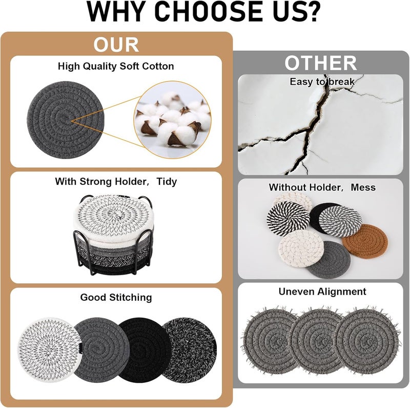 OIAHOMY 8 Pcs Coasters with Holder, Coasters for Drinks, Woven Cotton Absorbent Coaster Set for Kinds of Cups, Housewarming Gifts for Home Decor -Black - Image 3