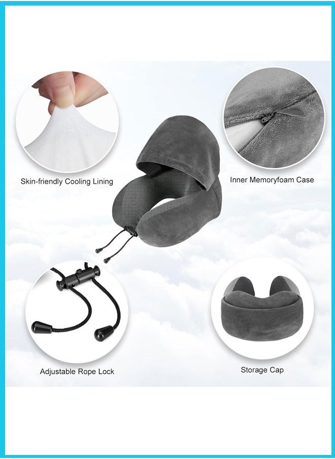 Berma Baby - Travel Pillow, Neck Pillow for Travel with Hood for Airplane, Velvet Memory Foam Neck Pillow Adult Head & Neck Support, for Long Flights Plane, Office, Cars Sleeping & Rest (Grey) - Image 1