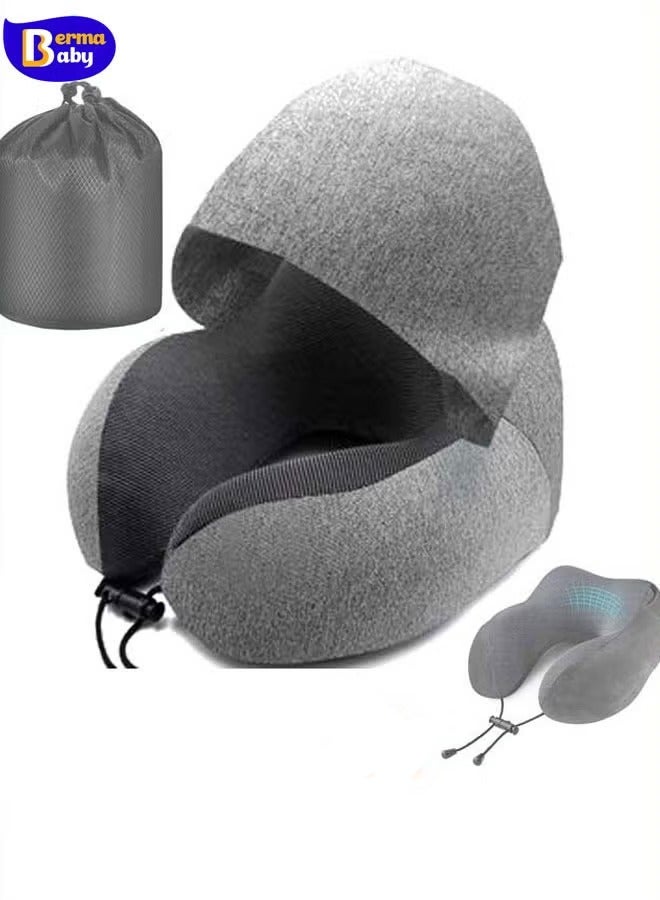 Berma Baby وسادة للسفر، وسادة رقبة للسفر مزودة بغطاء محرك للطائرة، وسادة مخملية من الإسفنج الميموري فوم مخملية لدعم الرأس والرقبة للبالغين، للرحلات الطويلة بالطائرة والمكتب والسيارات للنوم والراحة (رمادي) - Image 1