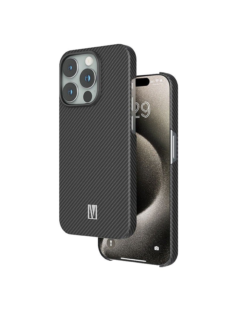 ليفيلو جراب Sergei 1500D Aramid Fiber Back Cover لهاتف iPhone 15 Pro / حواف مقاومة للصدمات / لمسة نهائية غير لامعة / متوافق مع MagSafe / ألياف أراميد 1500D / تأثير كربوني ثلاثي الأبعاد - أسود - Image 1