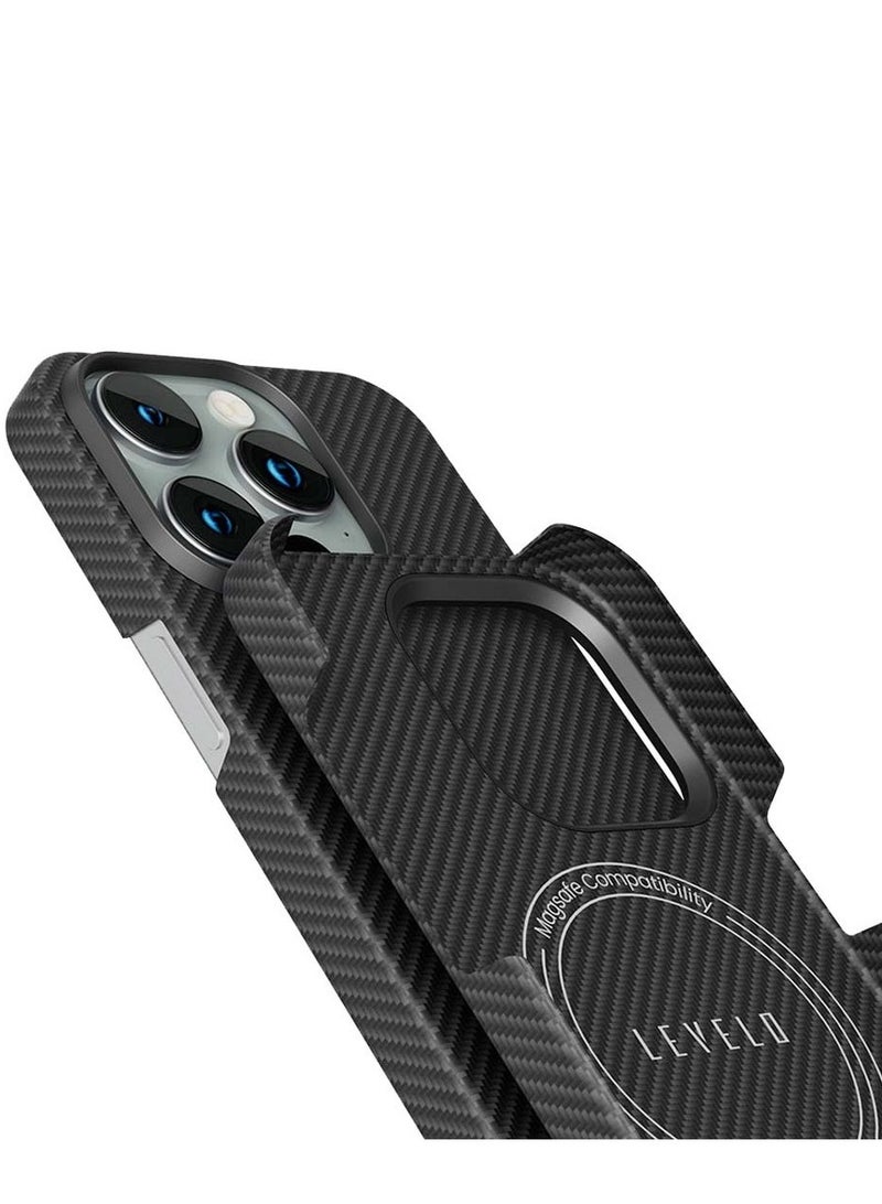 ليفيلو جراب Sergei 1500D Aramid Fiber Back Cover لهاتف iPhone 15 Pro / حواف مقاومة للصدمات / لمسة نهائية غير لامعة / متوافق مع MagSafe / ألياف أراميد 1500D / تأثير كربوني ثلاثي الأبعاد - أسود - Image 5