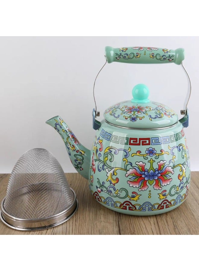 Thickened Large Capacity Enamel Flower Enamel Kettle Milk Teapot Flat Bottom Pot Induction Cooker Universal Teapot Cooling Kettle HC-Color:3.3l Green Hook Lotus (with Filter)-Capacity:Default  - Image 1