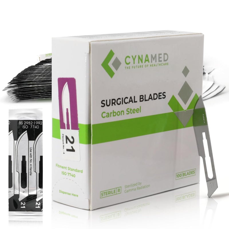CYNAMED Box of 100 Scalpel Sterile Blades Carbon Steel Individually Foil Wrapped - Image 1