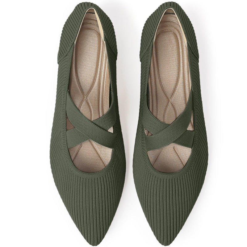 TINGRISE Womens Flats Shoes Pointed Toe Knit Washable Comfortable Dressy Mary Jane Ballet Flat with Strap Green US7