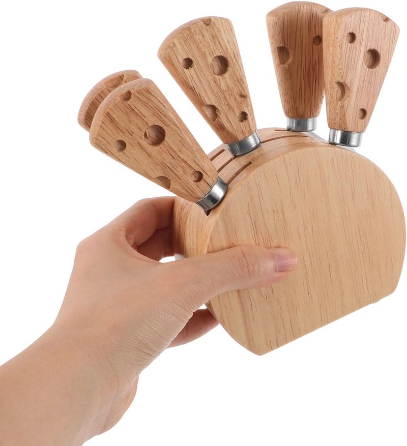 Gatuida 6pcs Cheese Knife and Charcuterie Fork Set with Wooden Handles and Stainless Steel Blades, Cheese Spreaders and Cutters for Entertaining and Serving with Wooden Stand - Image 4