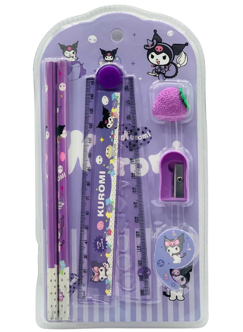 Earss Kuromi-Themed Kids Stationery Set – 2 Pencils, 1 Foldable 30cm Ruler, Strawberry-Shaped Eraser, Sharpener & Tape Dispenser – Purple Writing and Drawing Kit - Image 1