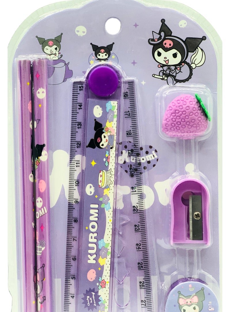 Earss Kuromi-Themed Kids Stationery Set – 2 Pencils, 1 Foldable 30cm Ruler, Strawberry-Shaped Eraser, Sharpener & Tape Dispenser – Purple Writing and Drawing Kit - Image 3