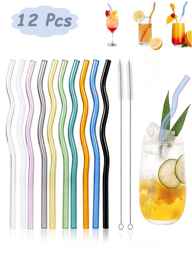 Quantum 12 Pcs Reusable Wavy Colorful Glass Straws with 2 Cleaner Brush - Curved Drinking Straws Multicolor Glass Straws  9''x8 mm for Beverages Coffee Juice Cocktail Teas (10 Colors) - Image 1
