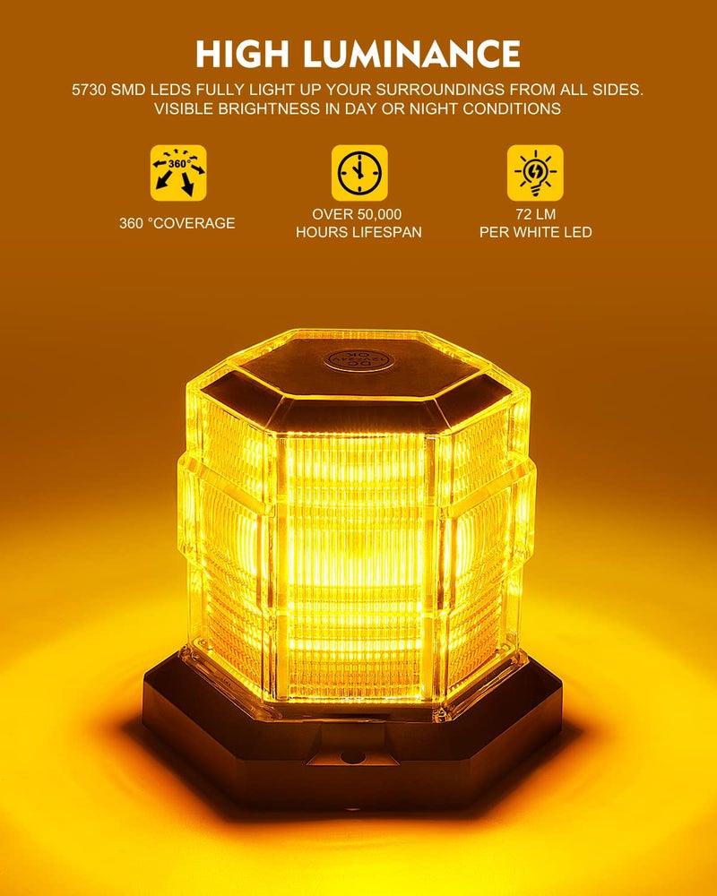 LUMENIX 72 LED Strobe Beacon Light Rooftop Rotating Warning Flashing Emergency Lights with Magnetic for Construction Vehicles Forklift Snow Plow Security Patrol Trucks Postal Mail Cars ATV UTV - Amber - Image 2