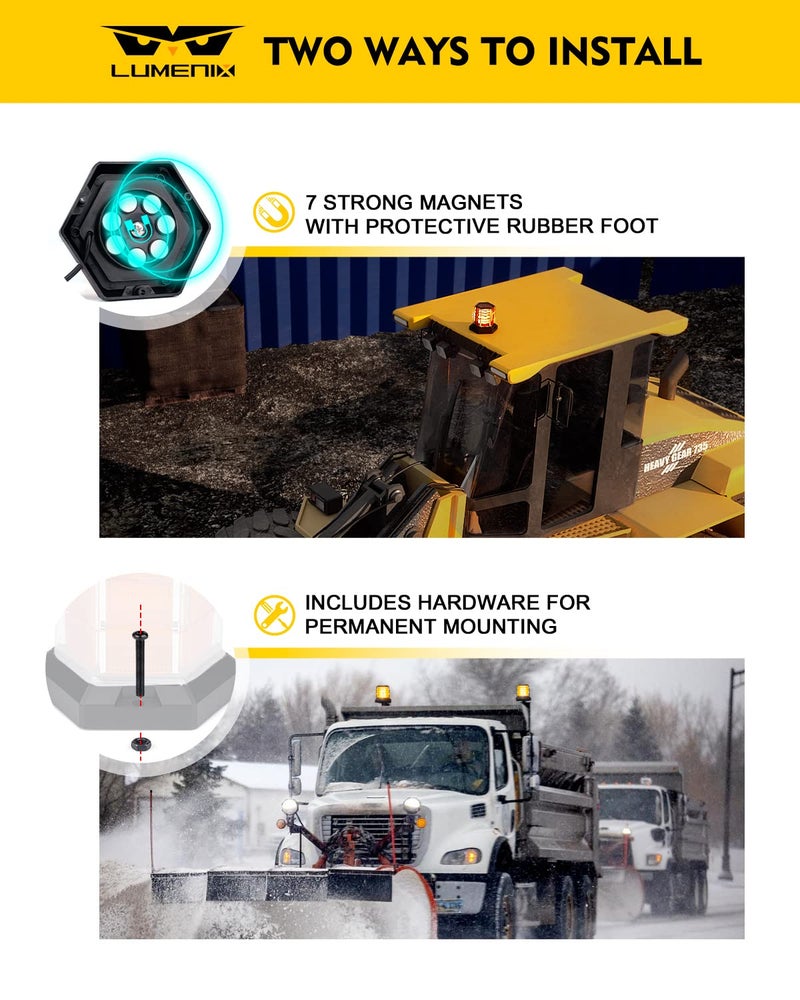 LUMENIX 72 LED Strobe Beacon Light Rooftop Rotating Warning Flashing Emergency Lights with Magnetic for Construction Vehicles Forklift Snow Plow Security Patrol Trucks Postal Mail Cars ATV UTV - Amber - Image 5