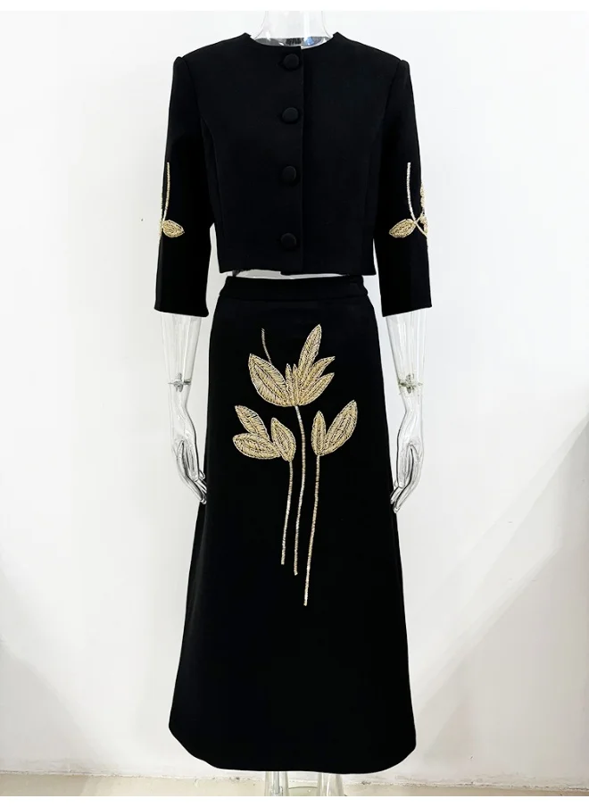 Madam Uniq European and American Chic Floral Beaded Three-Quarter Sleeve Jacket and Mid-Length Skirt Set