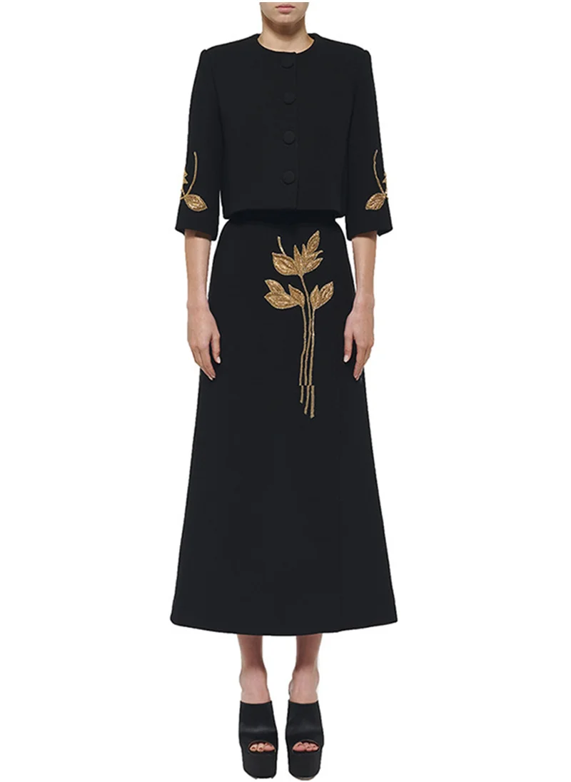Madam Uniq European and American Chic Floral Beaded Three-Quarter Sleeve Jacket and Mid-Length Skirt Set