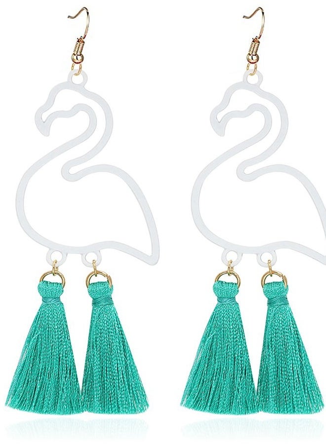 Gleamart - Flamingo Earrings Bohemian Short Fringe Drap Hook Stud Clip Summer Eardrop White Pink - Image 1