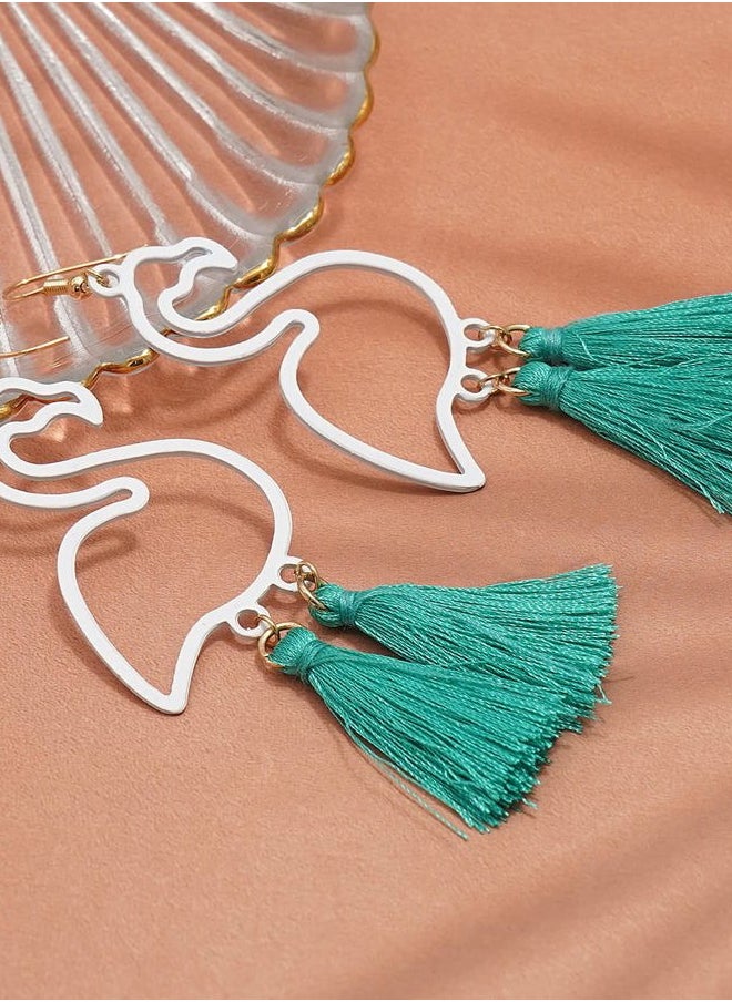 Gleamart - Flamingo Earrings Bohemian Short Fringe Drap Hook Stud Clip Summer Eardrop White Pink - Image 1