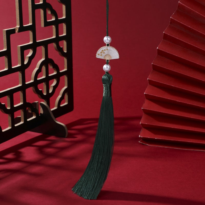 Generic Pearl White Fan Tassel Chinese Hanfu Car Pendant Dark green