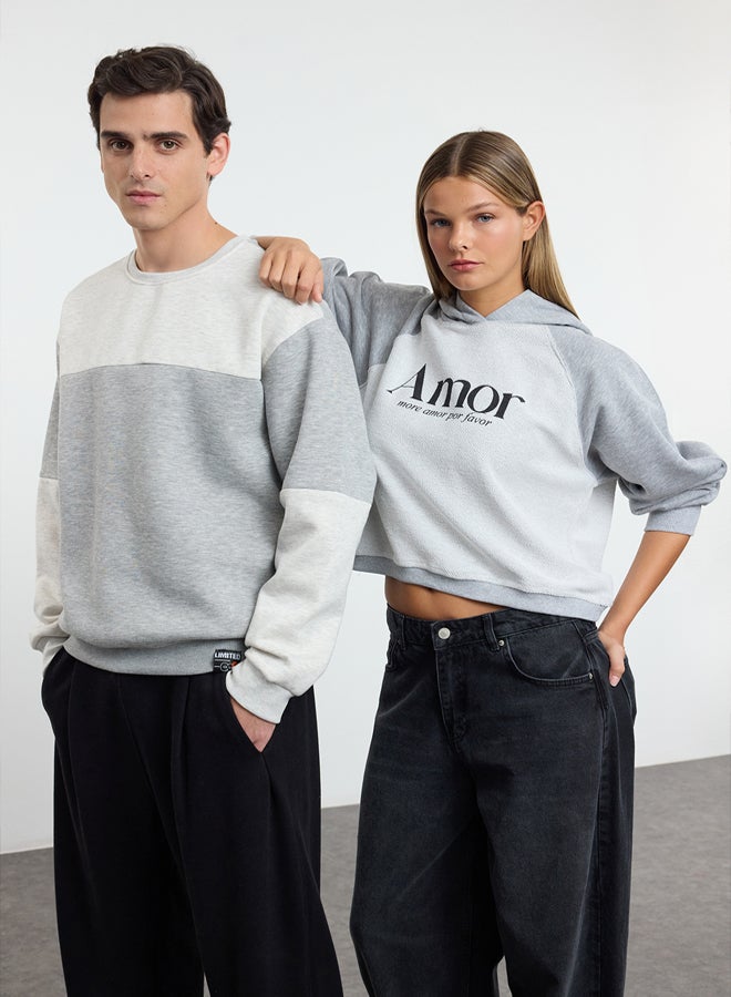 trendyol Grey Melange Oversize/Wide Cut Color Block Fleece Inside Basic Sweatshirt - Image 1