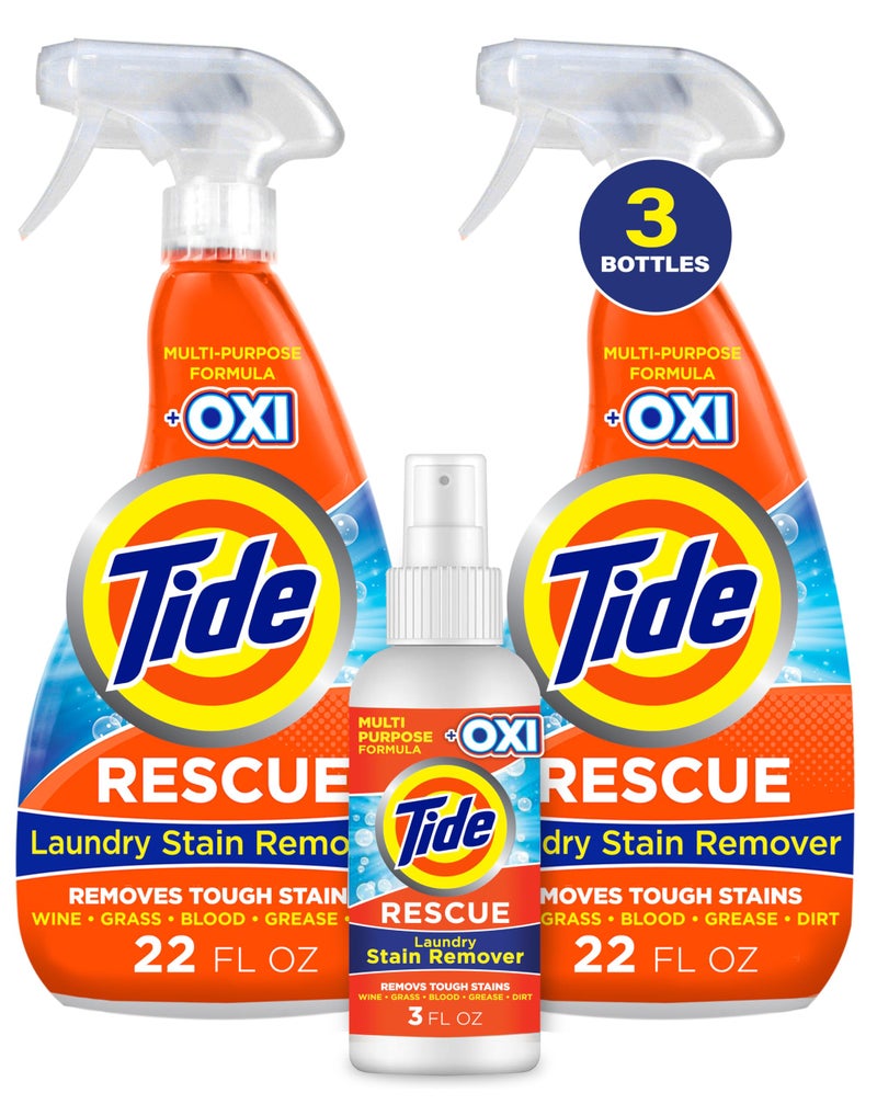 Tide Laundry Stain Remover Spray with Oxi | Stain Remover for Clothes, Carpet, Upholstery, Pet Bedding | Stain Treater Spray for Tough Stains from Wine, Coffee, Grease | 22 Fl Oz (Pack of 2) & 3 Fl Oz - Image 1