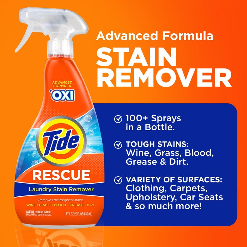 Tide Laundry Stain Remover Spray with Oxi | Stain Remover for Clothes, Carpet, Upholstery, Pet Bedding | Stain Treater Spray for Tough Stains from Wine, Coffee, Grease | 22 Fl Oz (Pack of 2) & 3 Fl Oz - Image 2
