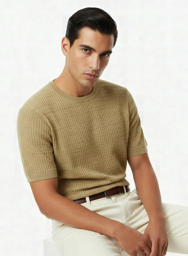 Iconic BEIGE Iconic Men Regular Fit Crew Neck Short Sleeves Textured T shirt for Men | Best Price UAE
