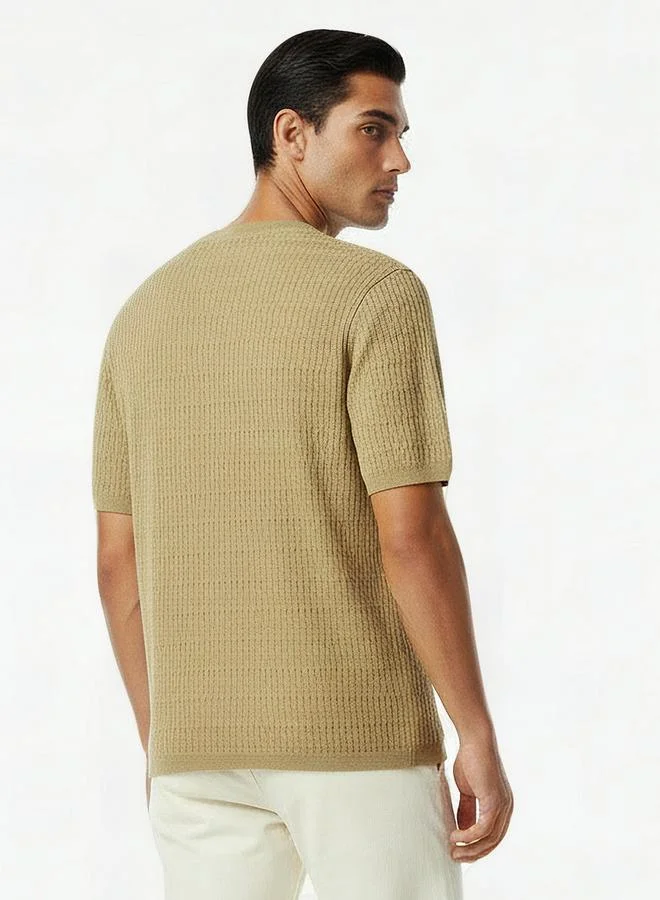 Iconic BEIGE Iconic Men Regular Fit Crew Neck Short Sleeves Textured T shirt for Men | Best Price UAE