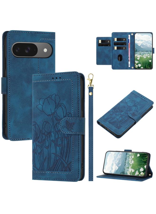 The Bros Phone Case For Google Pixel 9 / 9 Pro Tulips Embossed Leather Phone Phone Case with Lanyard - Image 1