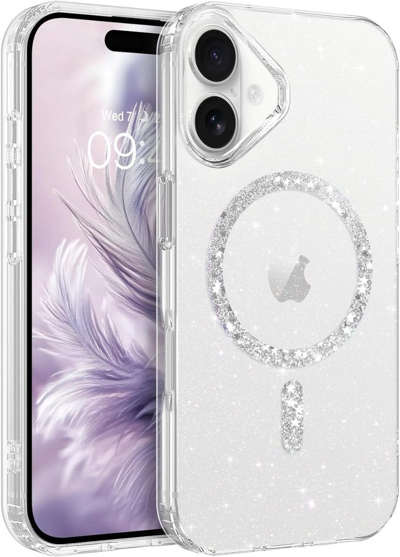 Mobistyle Magnetic for iPhone 16 Case, Clear Crystal Glitter 16 Phone Case Compatible with MagSafe, Shockproof Sparkly Cute Women Girl Cover for iPhone 16, Clear Bling Glitter - Image 1