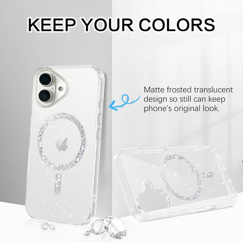 Mobistyle Magnetic for iPhone 16 Case, Clear Crystal Glitter 16 Phone Case Compatible with MagSafe, Shockproof Sparkly Cute Women Girl Cover for iPhone 16, Clear Bling Glitter - Image 2