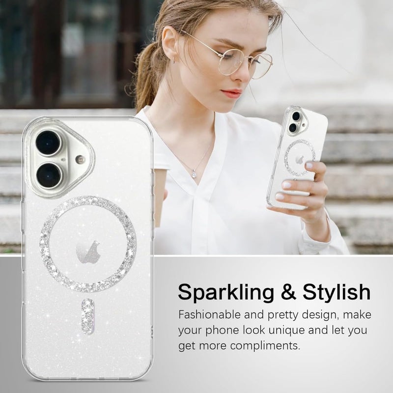 Mobistyle Magnetic for iPhone 16 Case, Clear Crystal Glitter 16 Phone Case Compatible with MagSafe, Shockproof Sparkly Cute Women Girl Cover for iPhone 16, Clear Bling Glitter - Image 5