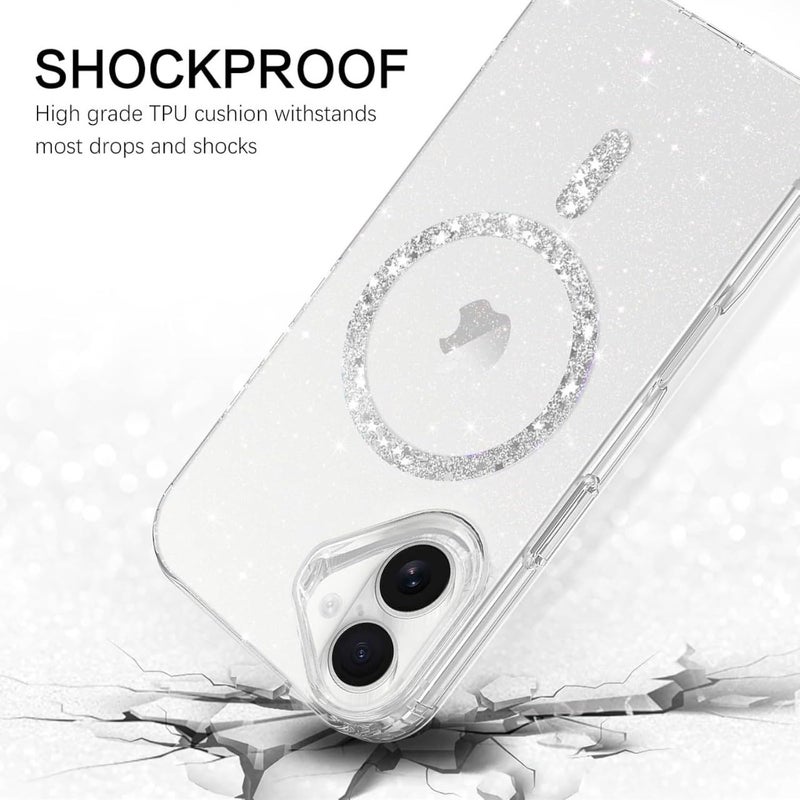 Mobistyle Magnetic for iPhone 16 Case, Clear Crystal Glitter 16 Phone Case Compatible with MagSafe, Shockproof Sparkly Cute Women Girl Cover for iPhone 16, Clear Bling Glitter - Image 4
