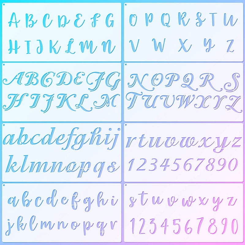 Ivanas Ivanas 8 Pieces Calligraphy Letter Number Stencil Reusable Template Cursive Alphabet Cake Stencils with Metal Open Ring for Cake Airbrush Art and Craft Painting 78 x 39 Inch  - Image 1