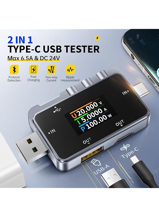 2 In 1 Type C Usb Tester, Lcd Voltage Current Power Tester Digital Multimeter, Usb Power Meter With Two Way Current Detection Data Record, Qc2.0/Qc3.0 Usb Voltage Meter - Image 2