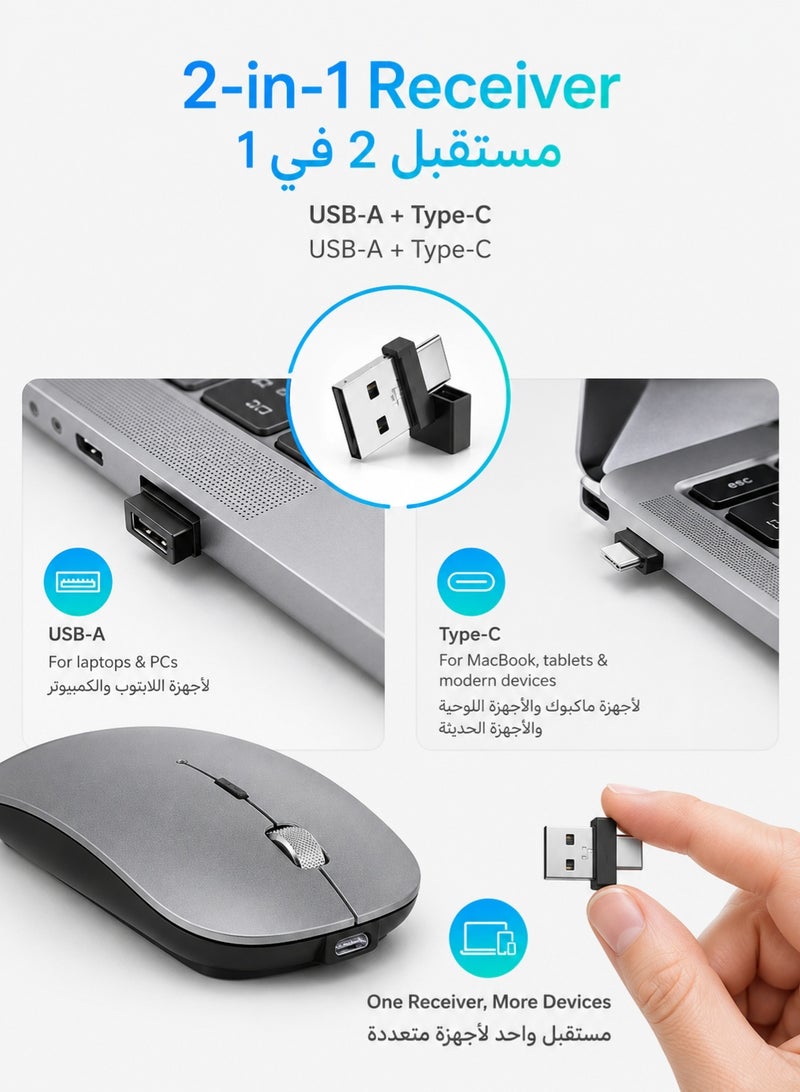 Llzzichu 4 Modes Rechargeable Bluetooth Mouse BT3.0/5.2+USB-2.4G/Type-C,Wireless Mouse for MacBook pro/MacBook air/Laptop/iMac/ipad/Notebook/pc (BT/USB-C Grey) - Image 4