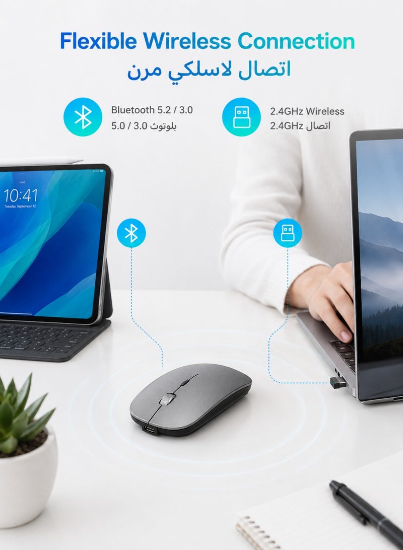 Llzzichu 4 Modes Rechargeable Bluetooth Mouse BT3.0/5.2+USB-2.4G/Type-C,Wireless Mouse for MacBook pro/MacBook air/Laptop/iMac/ipad/Notebook/pc (BT/USB-C Grey) - Image 2