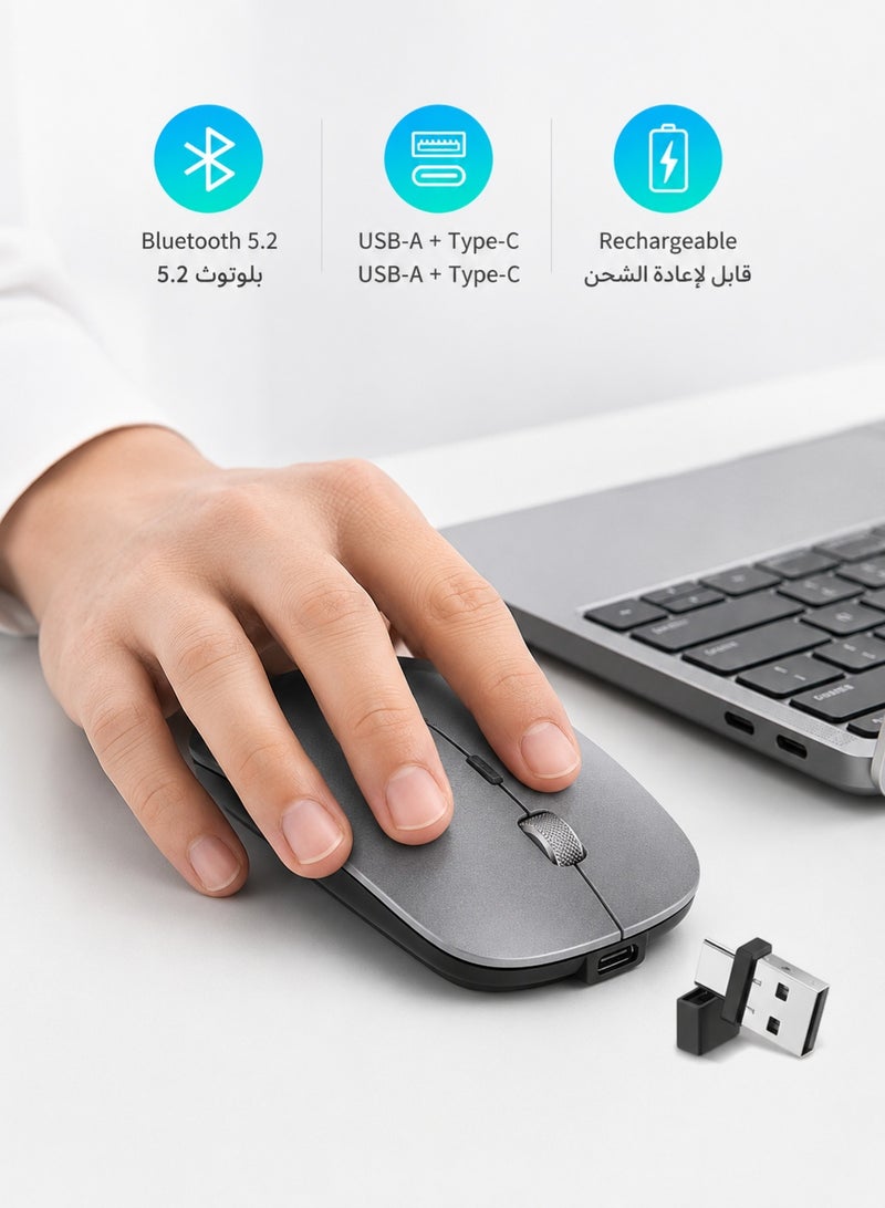 Llzzichu 4 Modes Rechargeable Bluetooth Mouse BT3.0/5.2+USB-2.4G/Type-C,Wireless Mouse for MacBook pro/MacBook air/Laptop/iMac/ipad/Notebook/pc (BT/USB-C Grey) - Image 3