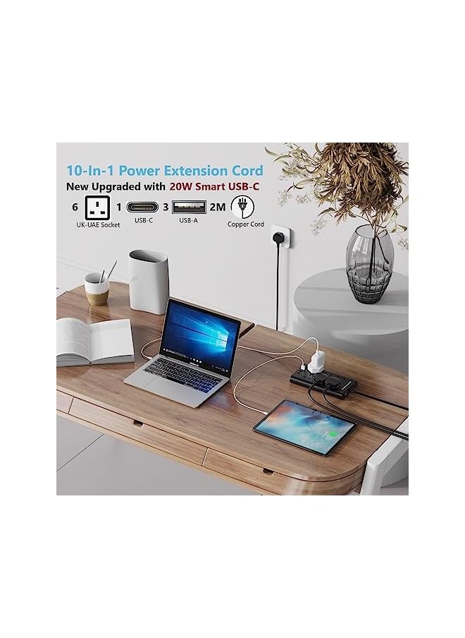 PROMASS promass 20W USB-C upgraded 6 UK Power Socket Extension Cord, Surge Protected, Multi-plug 4 USB Ports Charging Station, Flat 2 Meter Strip Lead for phone/Tablet/Laptops/Travel/Office/Home  - Image 2