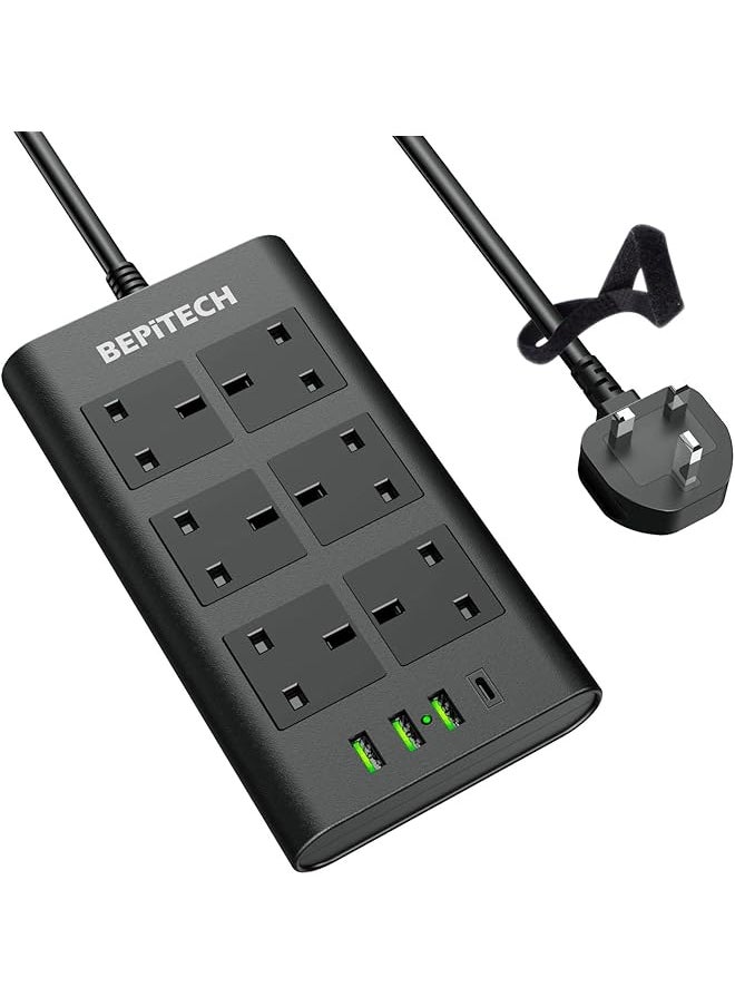 PROMASS promass 20W USB-C upgraded 6 UK Power Socket Extension Cord, Surge Protected, Multi-plug 4 USB Ports Charging Station, Flat 2 Meter Strip Lead for phone/Tablet/Laptops/Travel/Office/Home  - Image 1