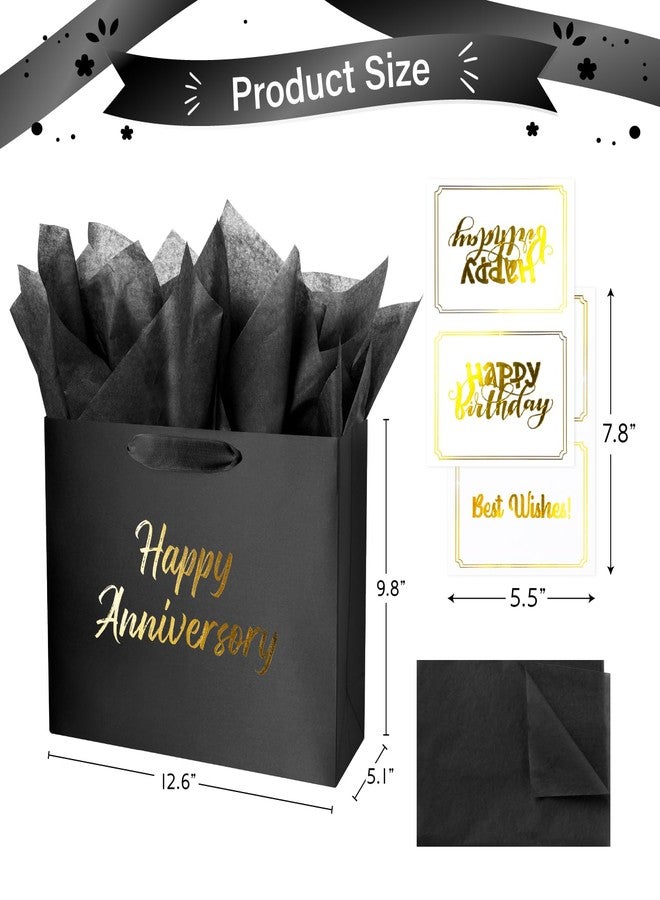 Linelglobal Black Anniversary Bag for Gift with Tissue Paper Silky for Women Men Boutique 13" - Image 2