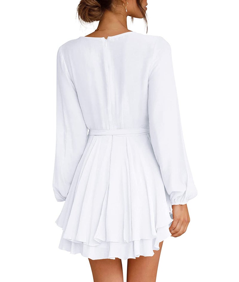 Cosonsen Womens White Dress Deep V-Neck Long Sleeve Tie Waist Ruffle Swing Dress S - Image 3